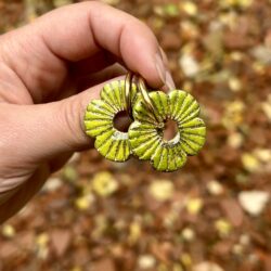 pampilles pour créoles interchangeables de couleur vert anis avec dorure et tenue par une main