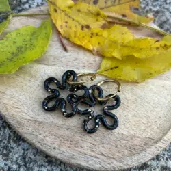 présentation boucles d'oreilles, pampilles interchangeables, résine, paillettes noires et doré